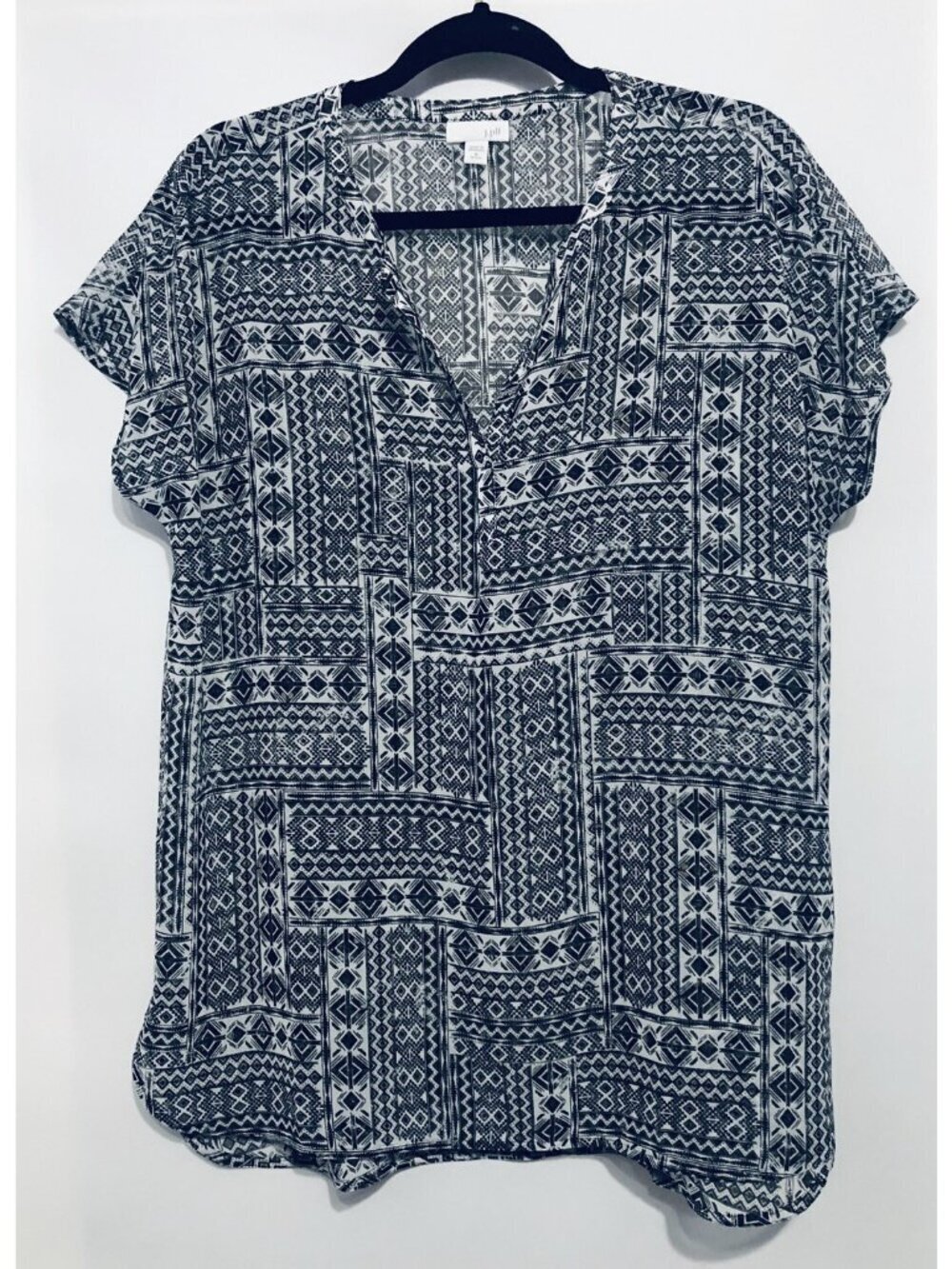 J Jill Top Womens Petite Medium Black White Sheer Southwestern Tribal Boho